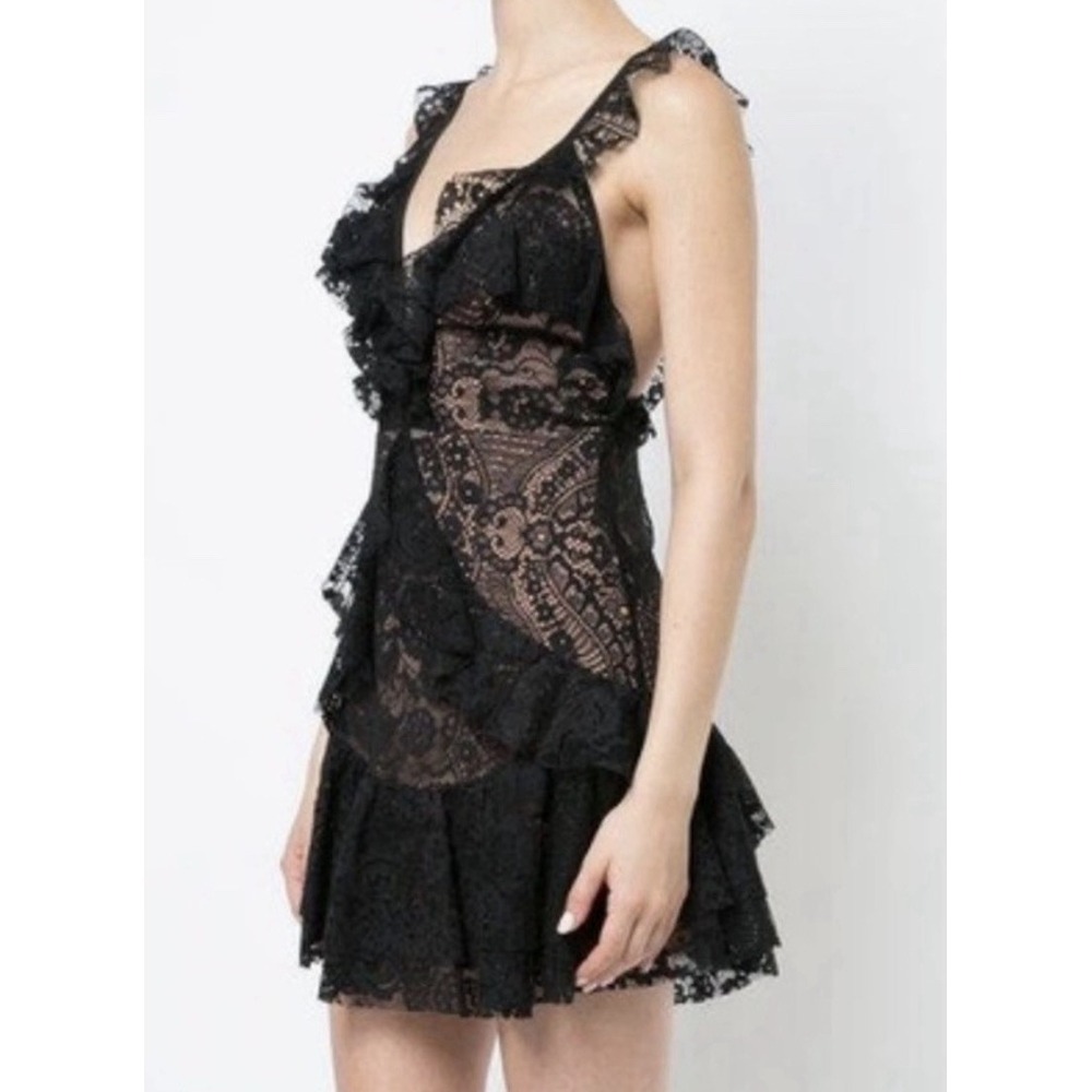 For‎ Love & Lemons Tati Lace Mini Ruffle Dress Black Size Medium Lace Sexy